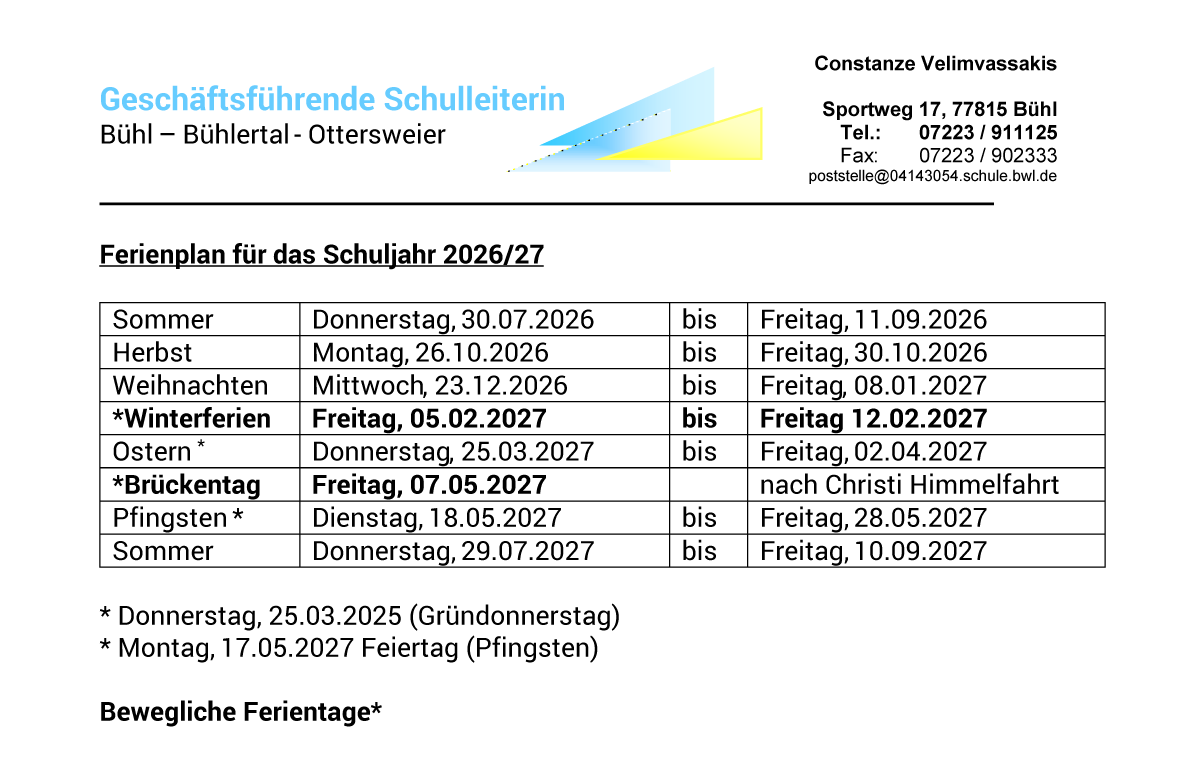 Ferienplan 2026/2027